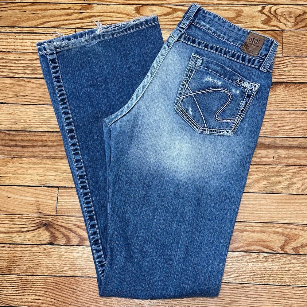 BKE Denim Sabrina Low Rise Boot Cut Blue Jeans Womens 30x35.5 Distressed Y2K